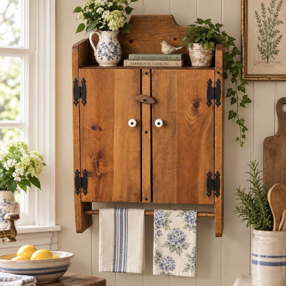 Vintage Pine Wood Cabinet Cupboard Towel Rack Primitive Farmhouse Cottage